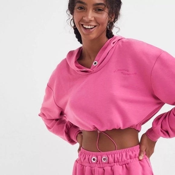 For Love & Lemons Ellie Cropped Sweatshirt Pink Hooded Long Sleeve Size Large 8 - Picture 2 of 13